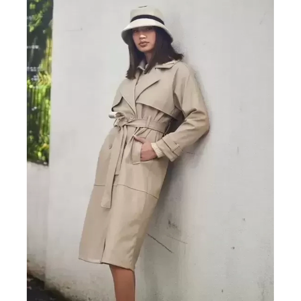 Kadın Kuşaklı Taş Rengi Deri Trençkot