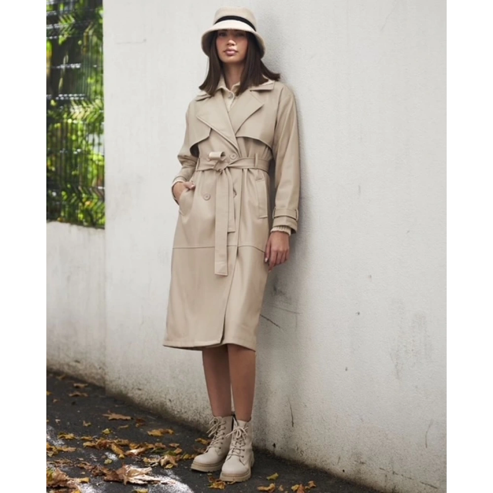 Kadın Kuşaklı Taş Rengi Deri Trençkot