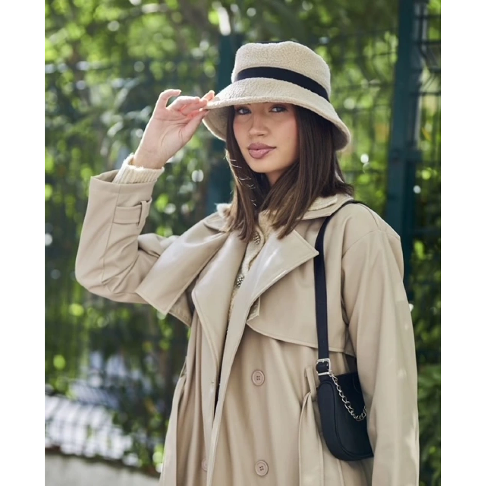 Kadın Kuşaklı Taş Rengi Deri Trençkot