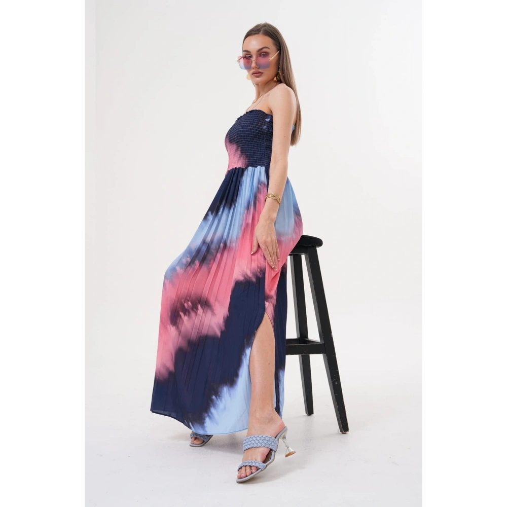 Kadın Lacivert-Pembe Straplez Yaka Yazlık Elbise