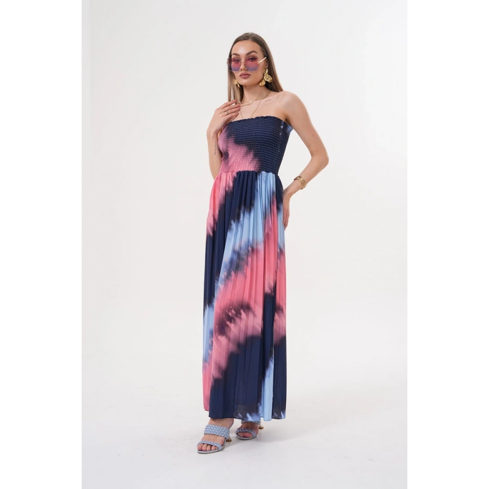 Kadın Lacivert-Pembe Straplez Yaka Yazlık Elbise