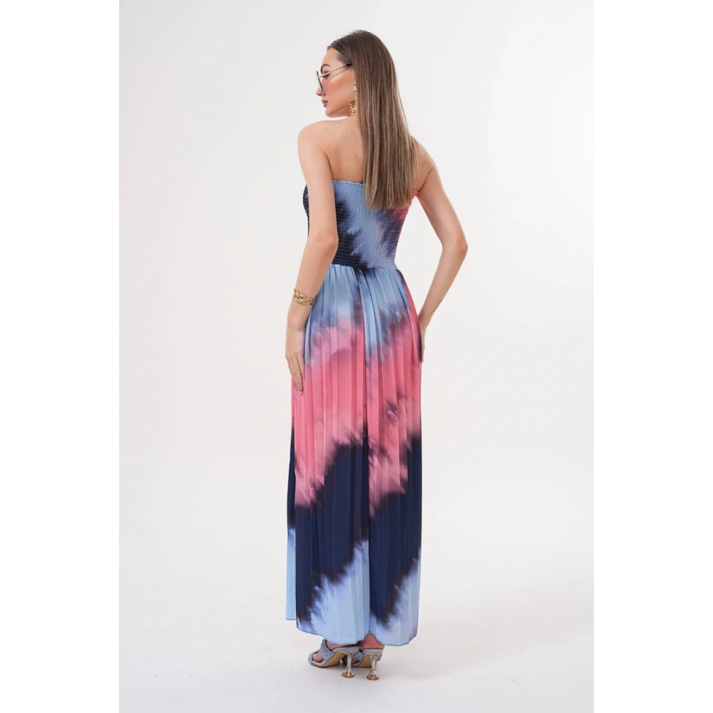 Kadın Lacivert-Pembe Straplez Yaka Yazlık Elbise