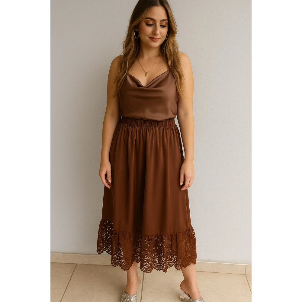 Kadın Kahverengi Güpür Detaylı Midi Boy Etek
