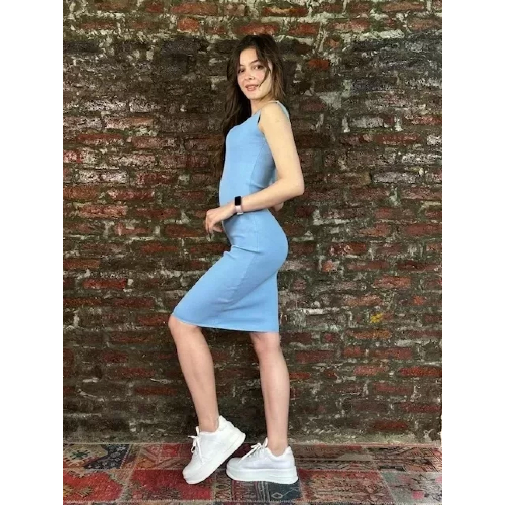 Kadın Mavi Kalın Askılı Triko Elbise