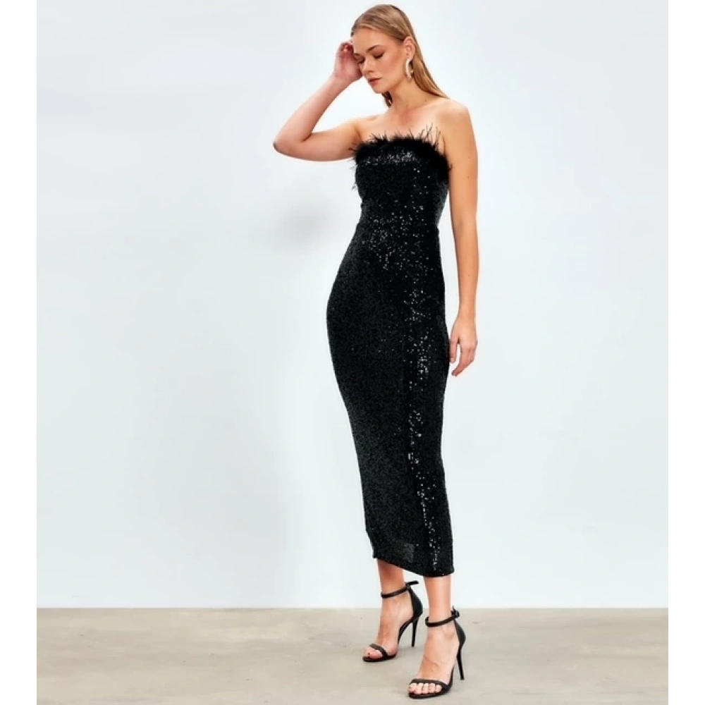 Kadın Siyah Palet İşlemeli Yaka Tüy detaylı Elbise