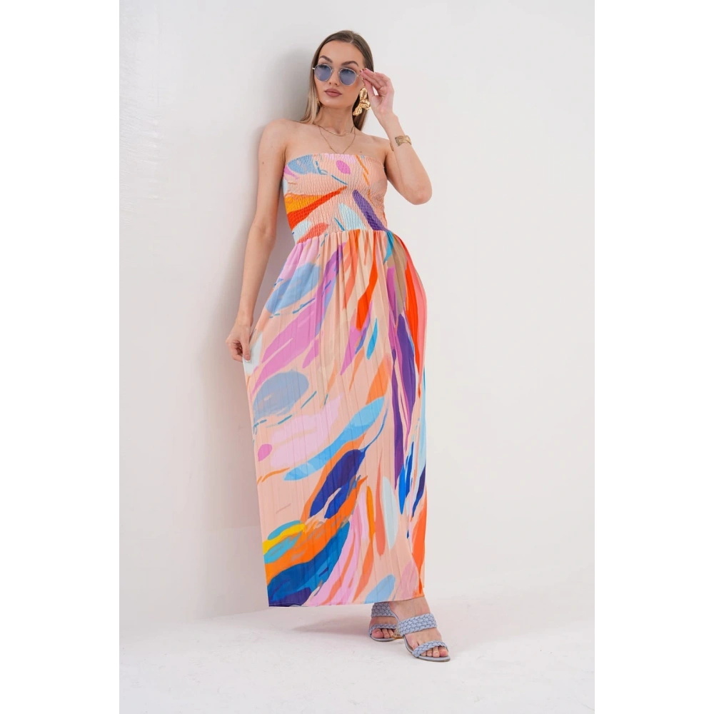 Kadın Renkli Straplez Yaka Yazlık Elbise