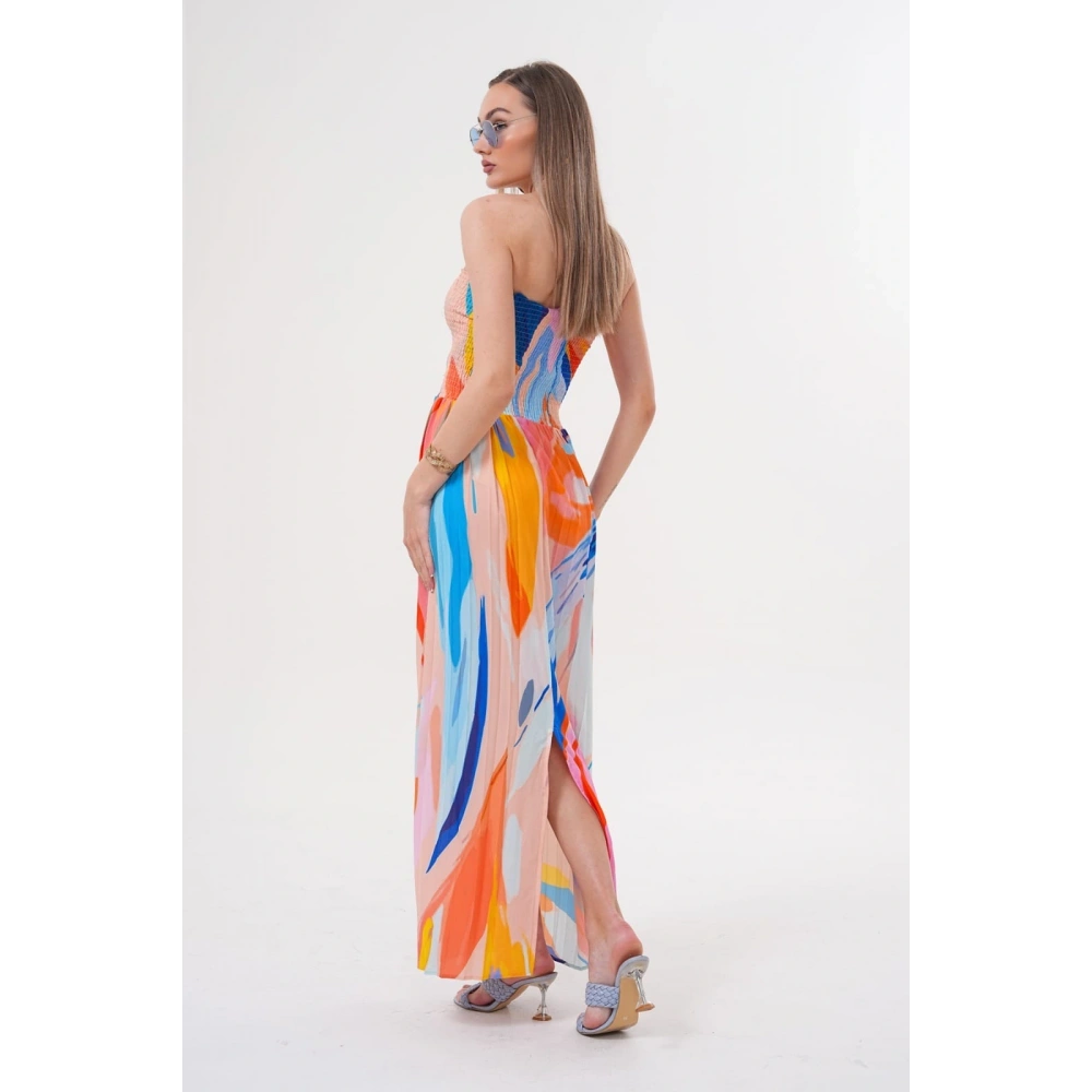 Kadın Renkli Straplez Yaka Yazlık Elbise