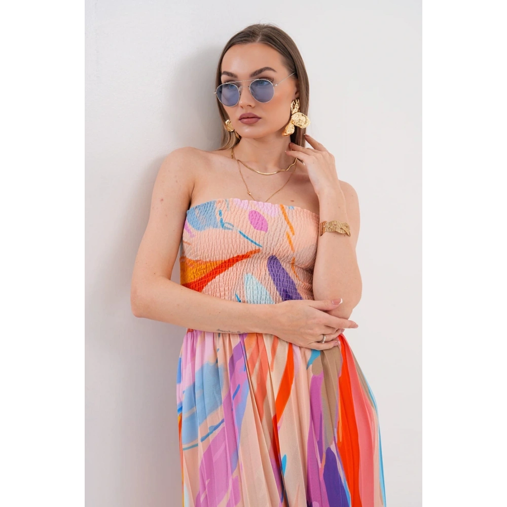 Kadın Renkli Straplez Yaka Yazlık Elbise