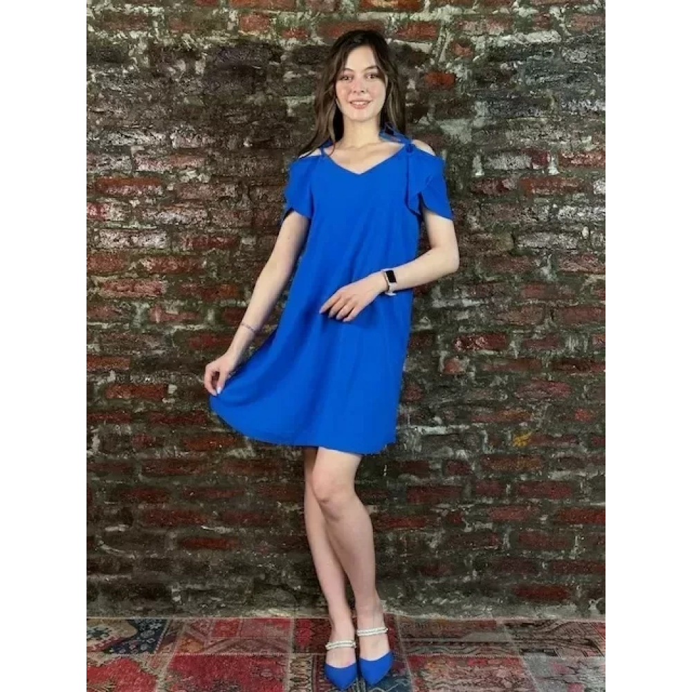 Kadın Saks Mavi İp Detaylı Elbise