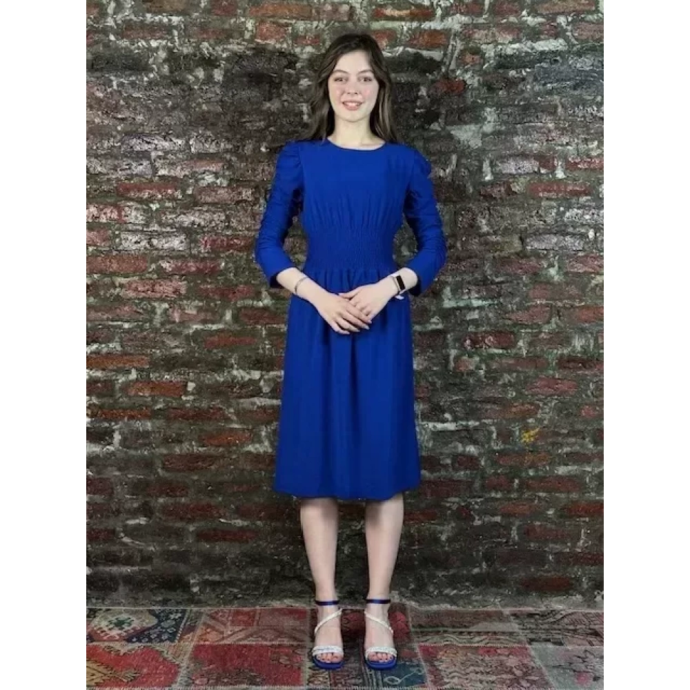 Kadın Saks Mavi Lastikli Elbise