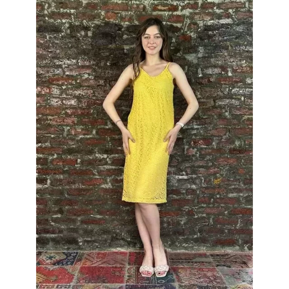 Kadın Sarı Güpür Askılı Elbise