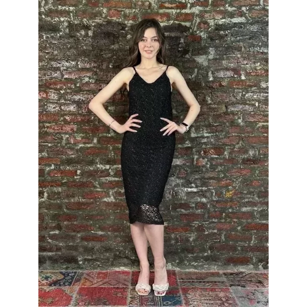 Kadın Siyah Güpür Askılı Elbise