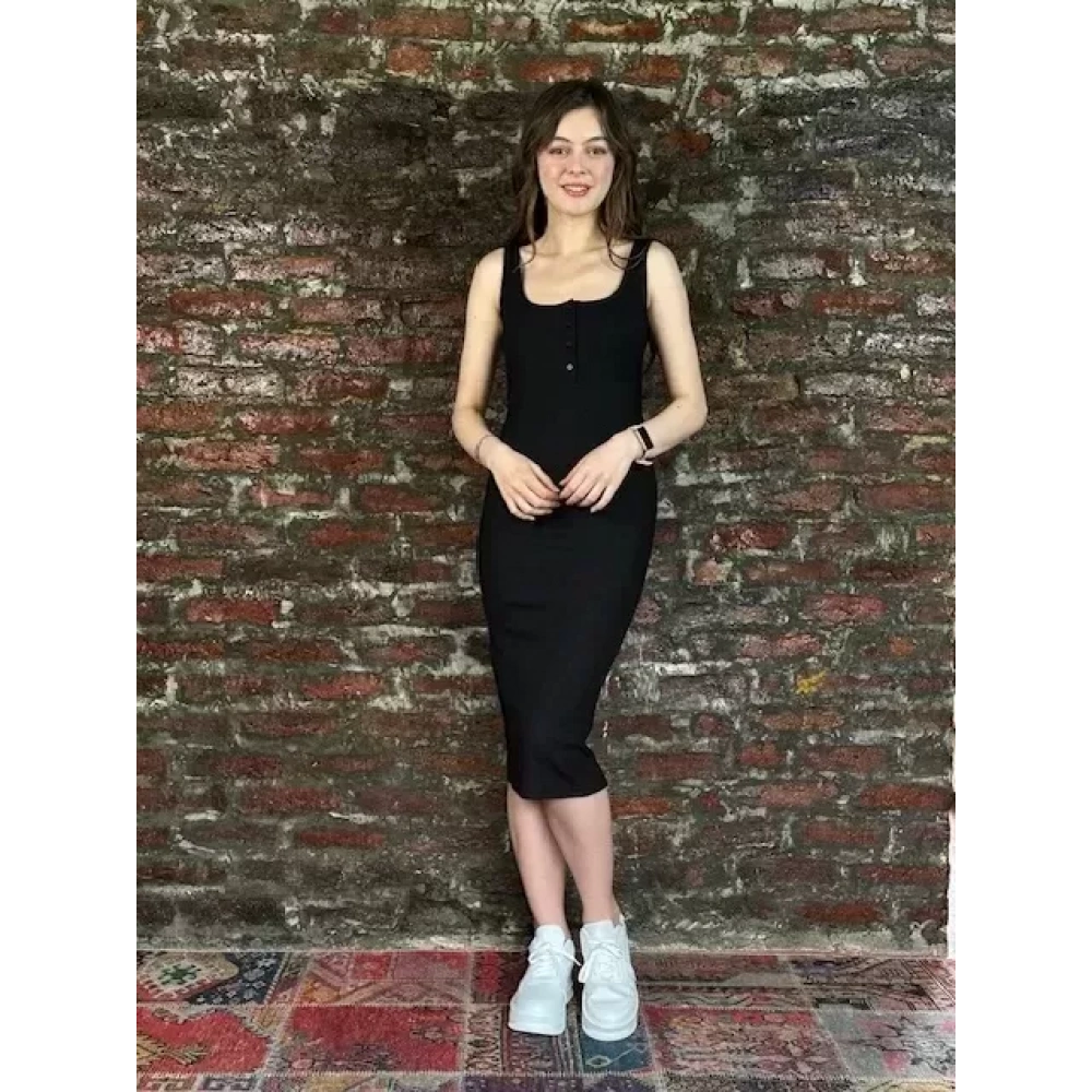 Kadın Siyah Kalın Askılı Triko Elbise