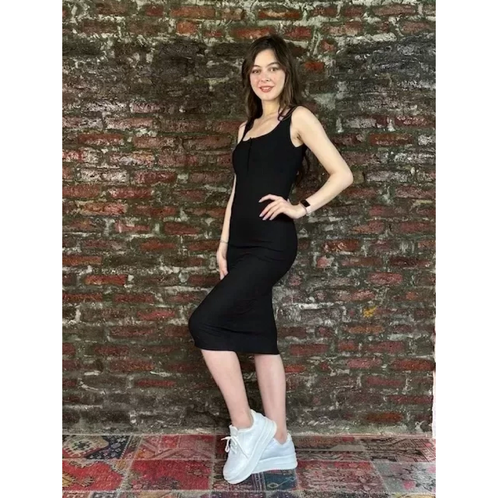 Kadın Siyah Kalın Askılı Triko Elbise