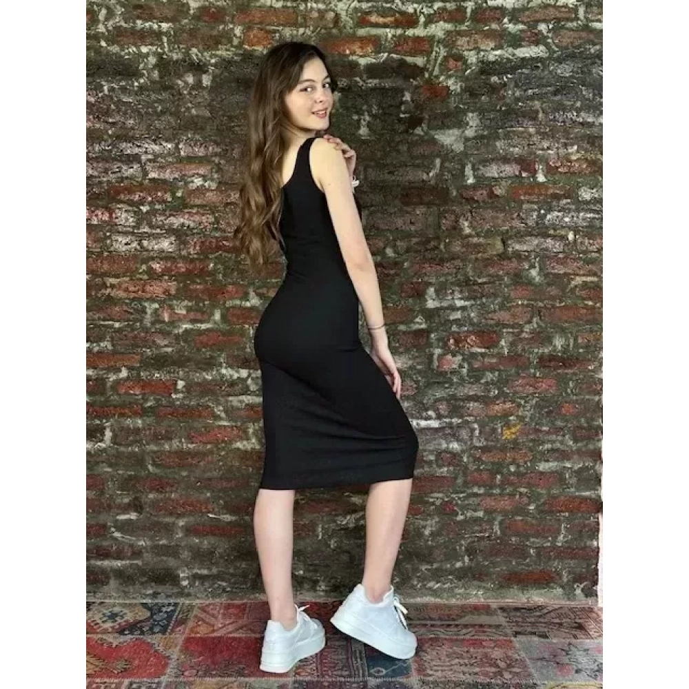 Kadın Siyah Kalın Askılı Triko Elbise