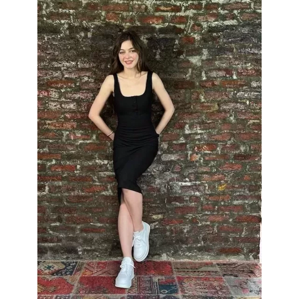 Kadın Siyah Kalın Askılı Triko Elbise