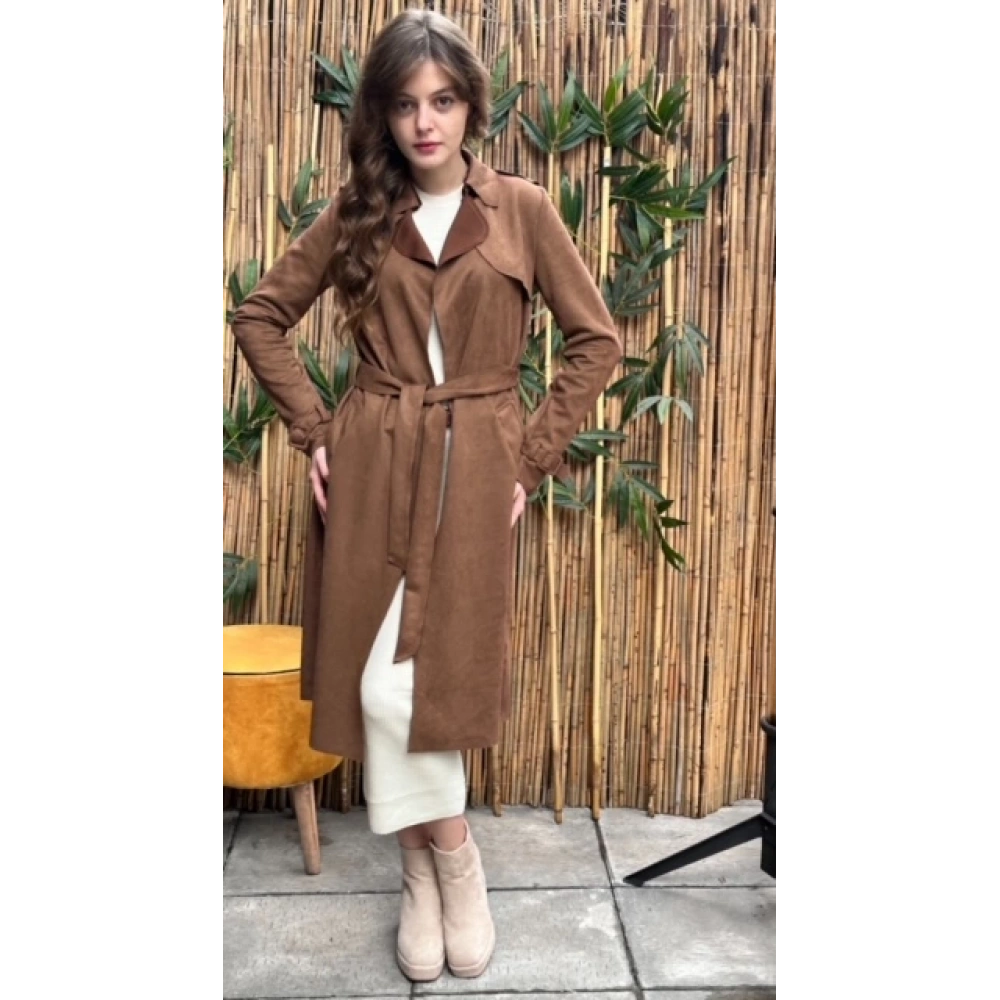 Kadın Taba Kuşaklı Süet Trençkot