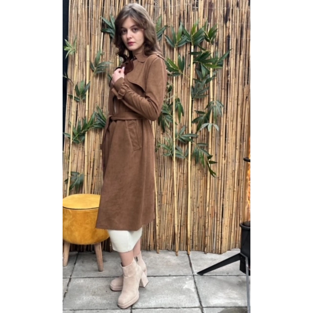 Kadın Taba Kuşaklı Süet Trençkot
