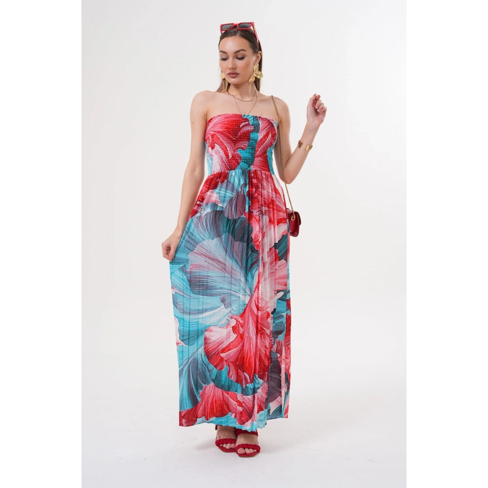 Kadın Mavi- Kırmızı Straplez Yaka Yazlık Elbise