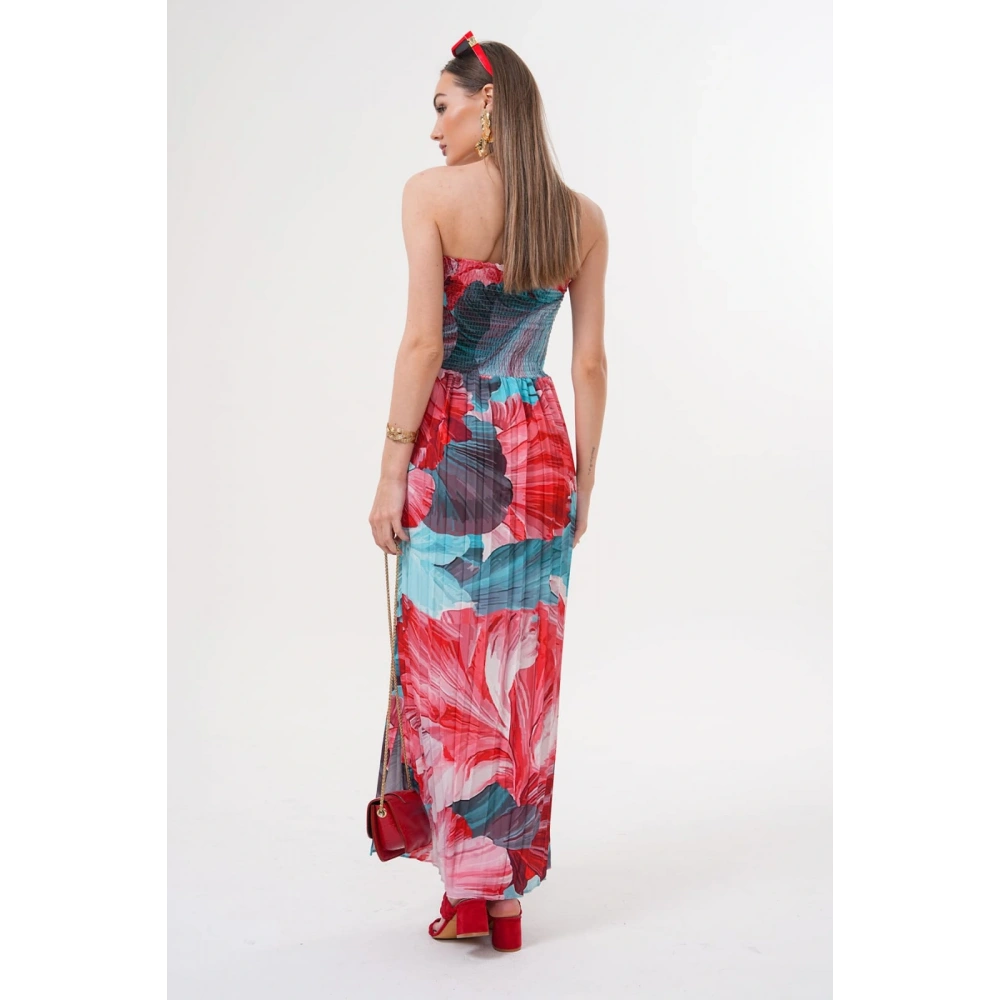 Kadın Mavi- Kırmızı Straplez Yaka Yazlık Elbise