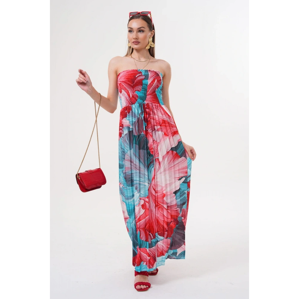 Kadın Mavi- Kırmızı Straplez Yaka Yazlık Elbise