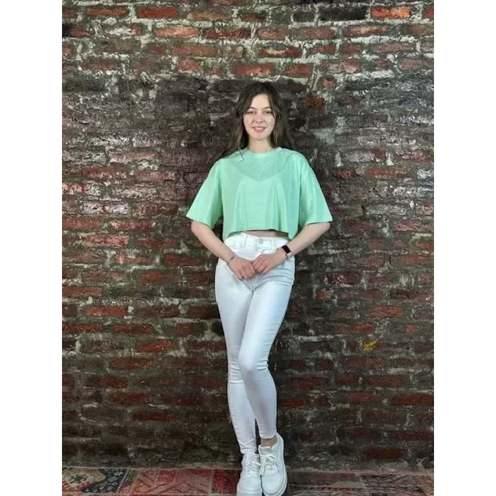 Kadın Su Yeşili Crop Tshirt