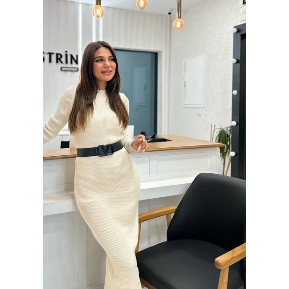 Kadın Taş Rengi Uzun Bisiklet yaka Triko Elbise