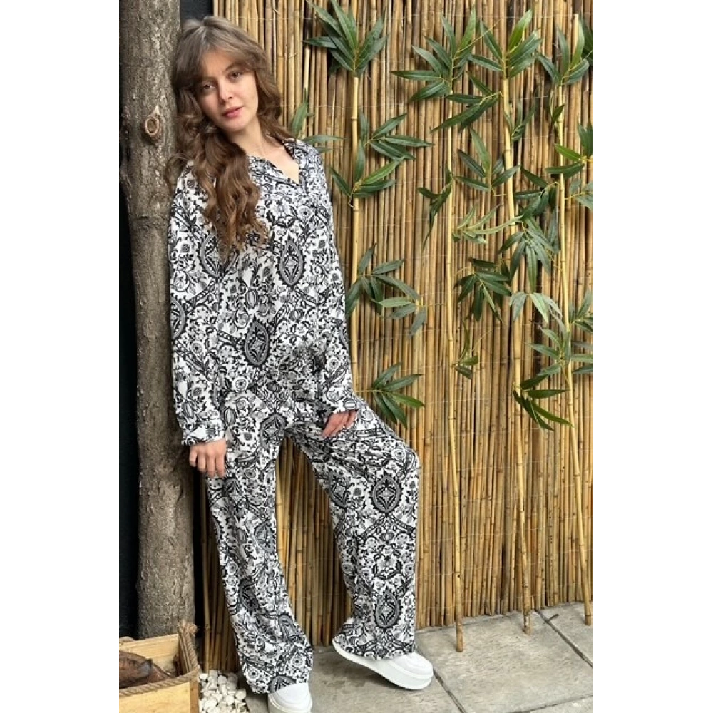 Kadın Siyah Beyaz Desenli Tunik Takım