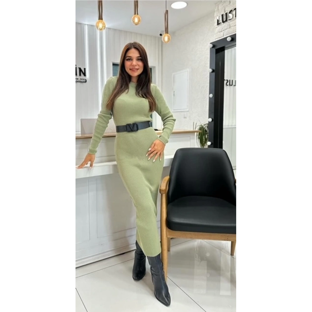 Kadın Mint Yeşil Uzun Bisiklet Yaka Triko Elbise