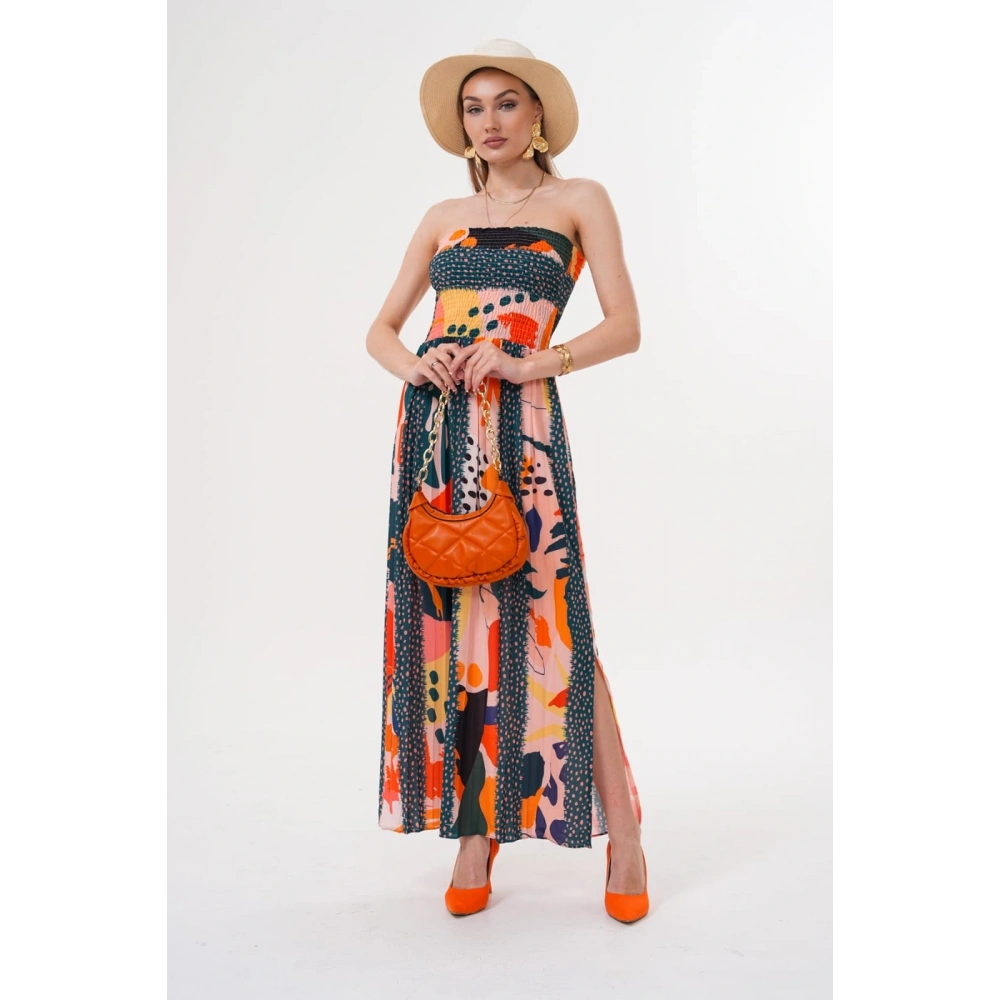 Kadın Turuncu-Renkli Straplez Yaka Yazlık Elbise