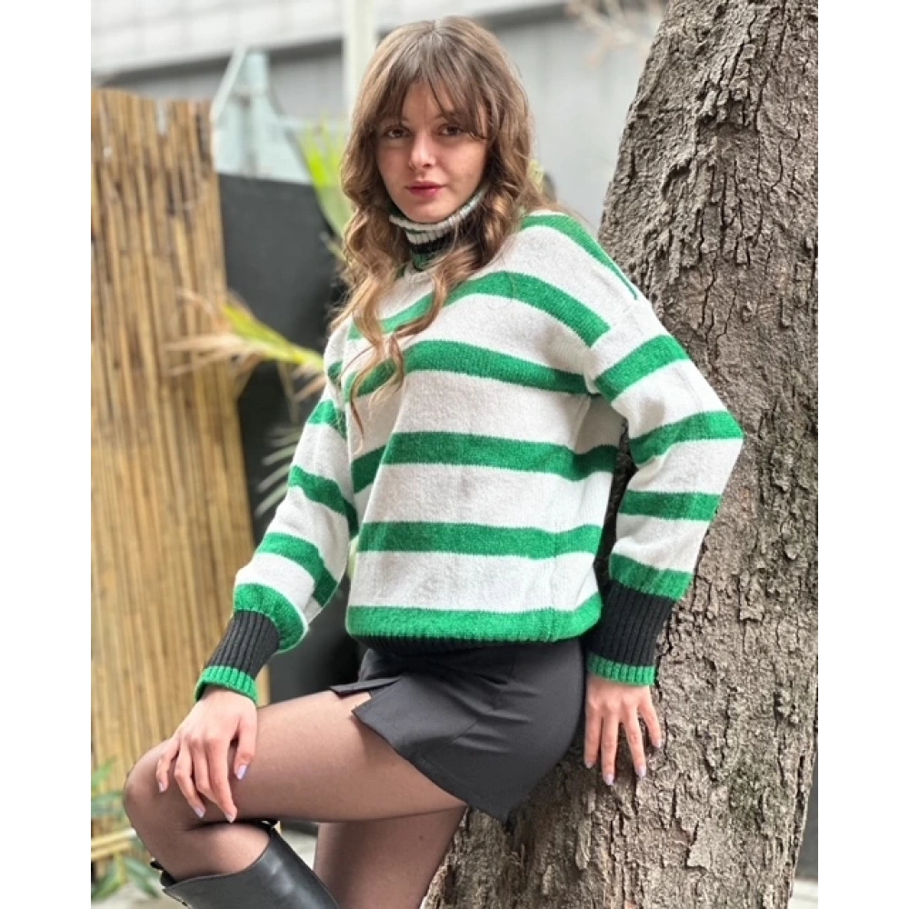 Kadın Yeşil-Beyaz Boğazlı Kazak