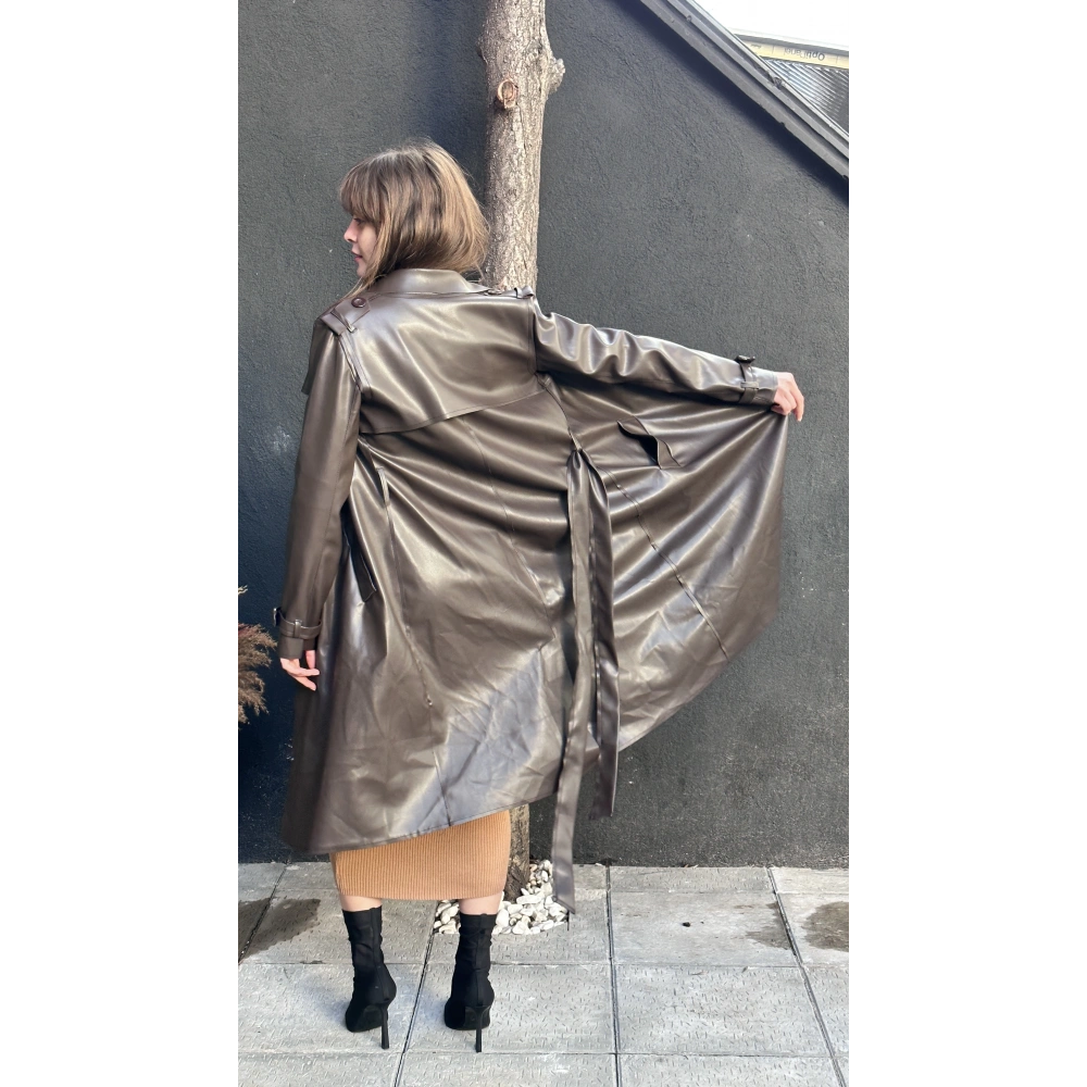 Kadın Acı Kahve Kuşaklı Deri Trençkot