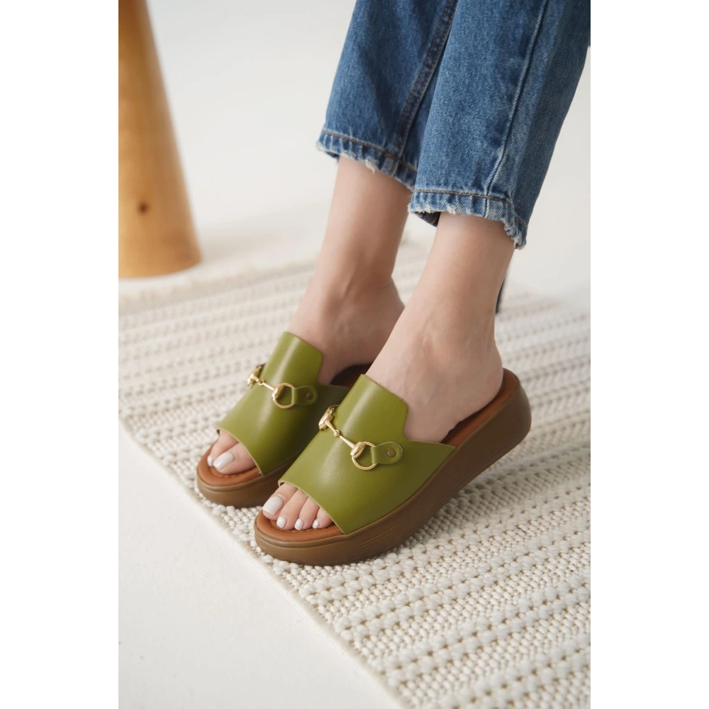 Nelly Haki Yeşili Hakiki Deri Terlik