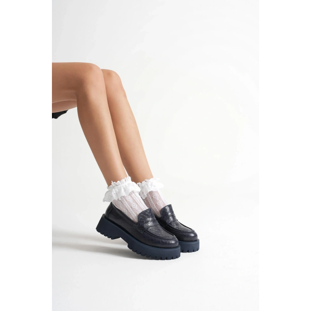 Noir Kadın Günlük Lacivert Kroko Loafer Ayakkabı