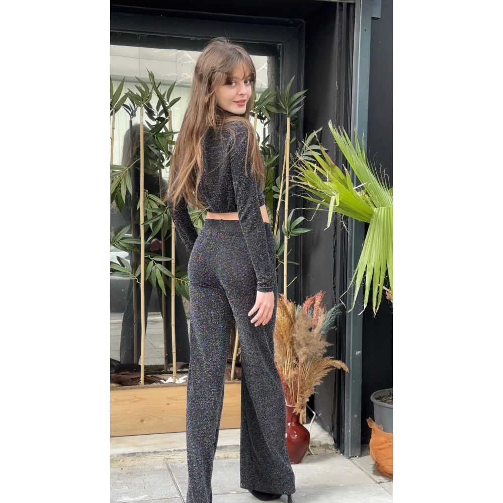 Kadın Siyah Sırtı Açık Simli İkili Takım