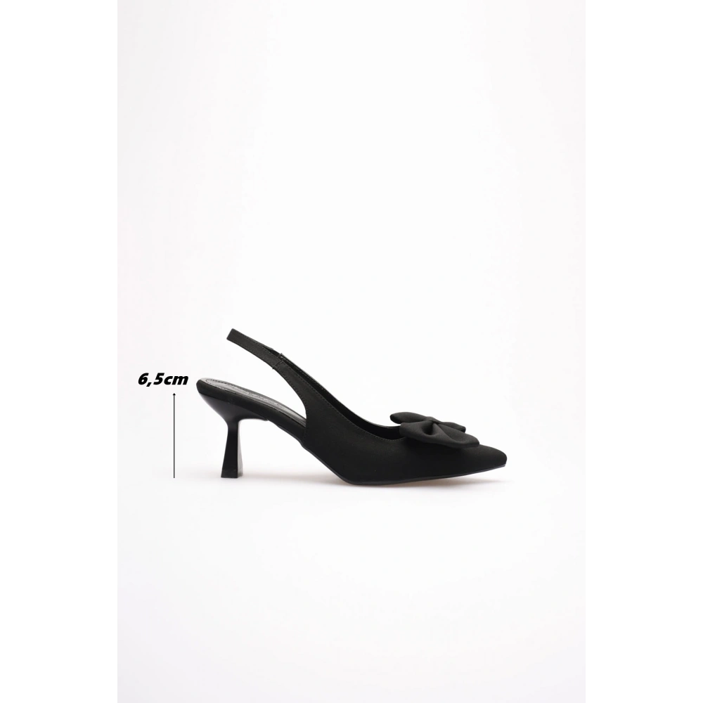 Siyah Fiyonklu Kitten Topuklu Slingback Kadın Ayakkabı TR08MS24A