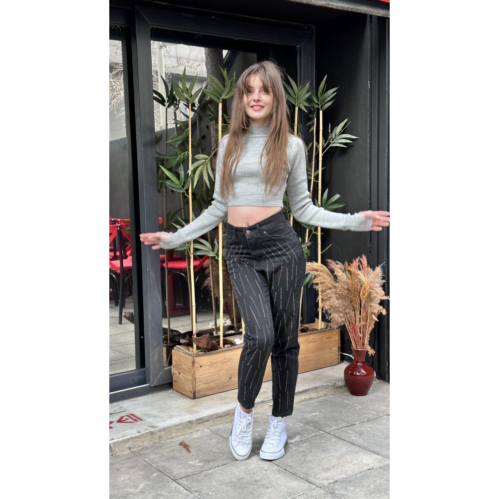 Kadın Taş İşlemeli Siyah Pantolon