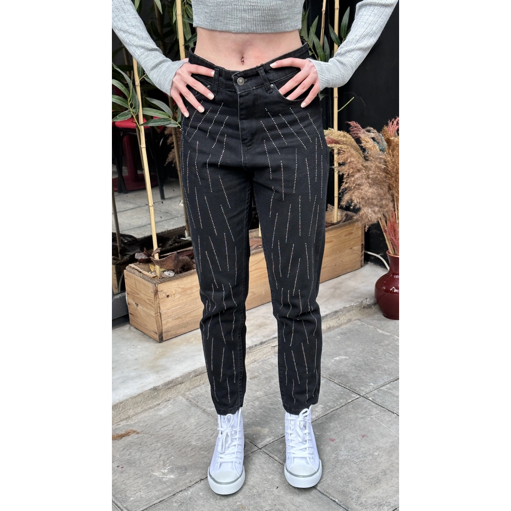 Kadın Taş İşlemeli Siyah Pantolon