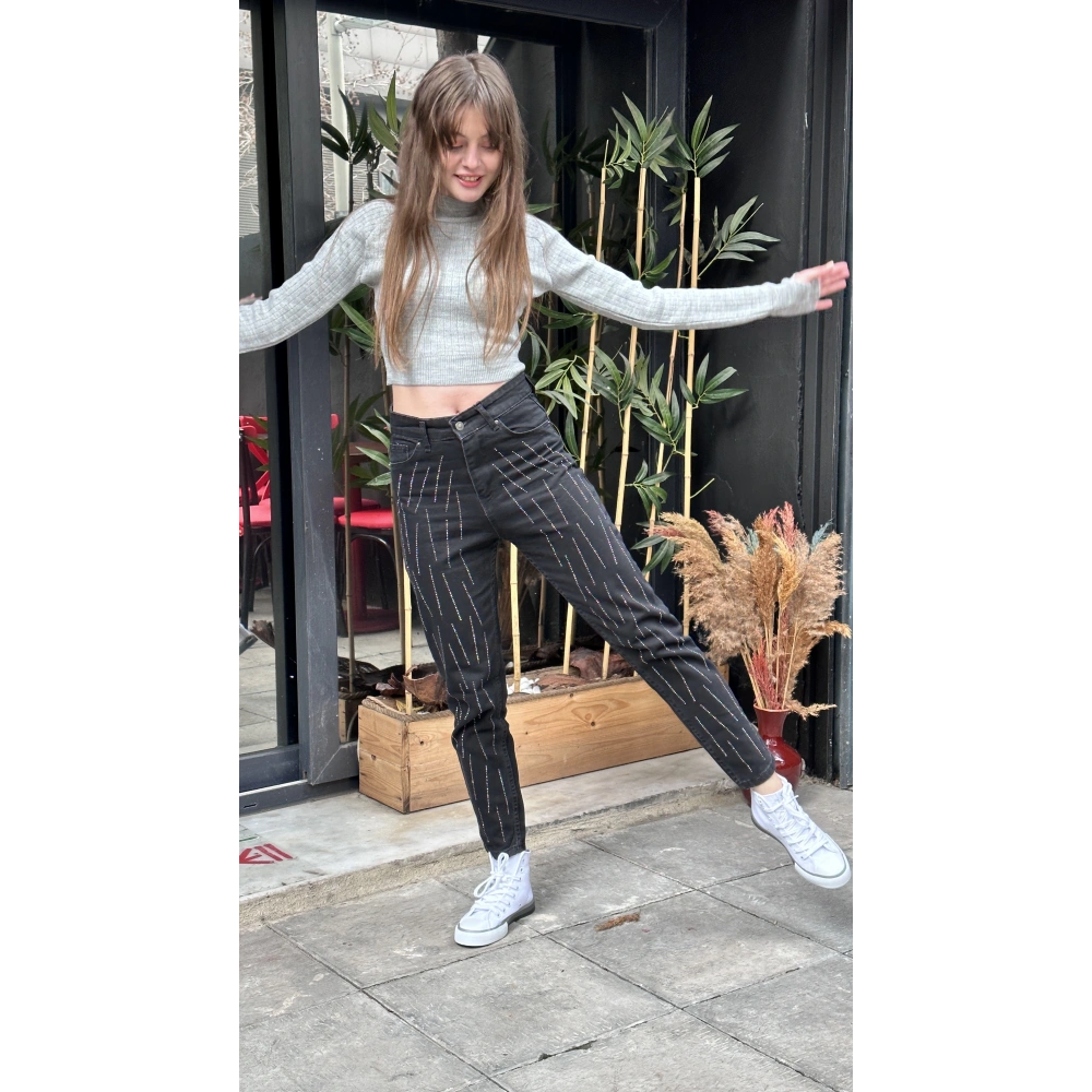 Kadın Taş İşlemeli Siyah Pantolon