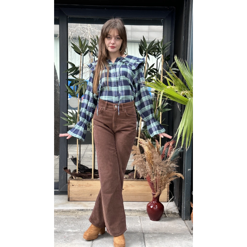 Kadın Bebe Yaka Yeşil Detaylı Kareli Gömlek