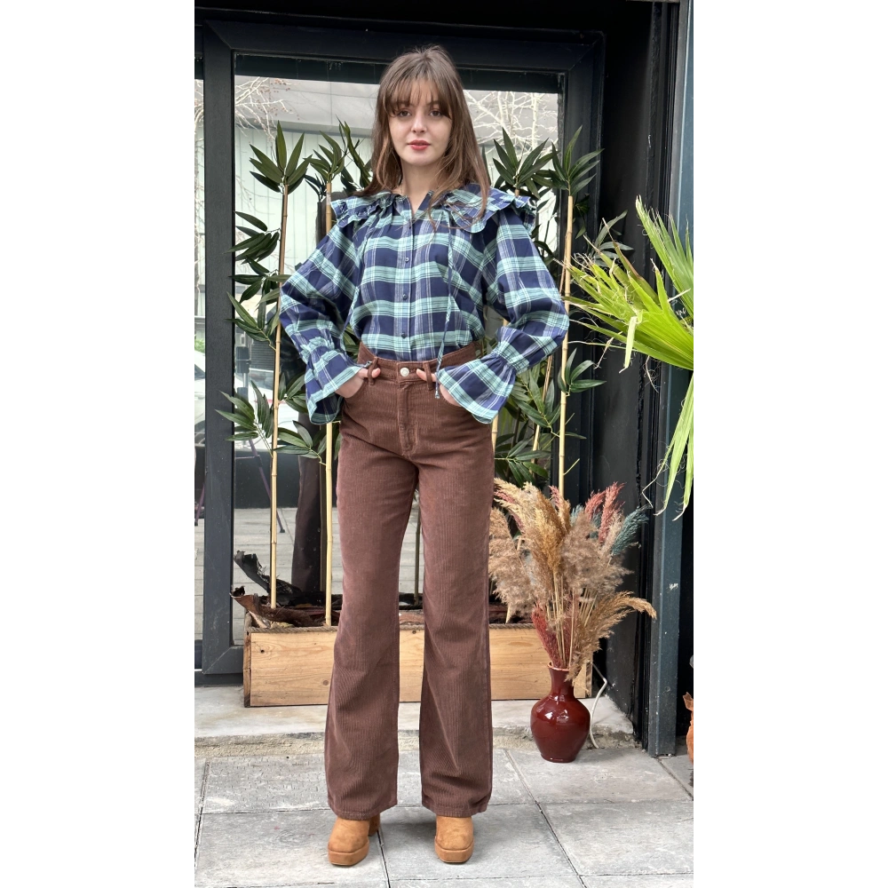 Kadın Bebe Yaka Yeşil Detaylı Kareli Gömlek