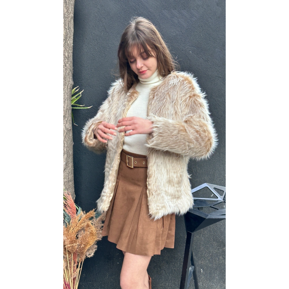 Kadın Krem Peluş Kaban