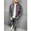 Erkek Gri-Bordo Çizgili Slim-Fit Gömlek