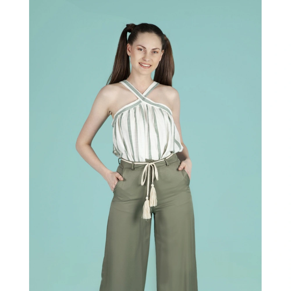 Aida Kadın Haki/Ekru Çizgili Askılı Bluz