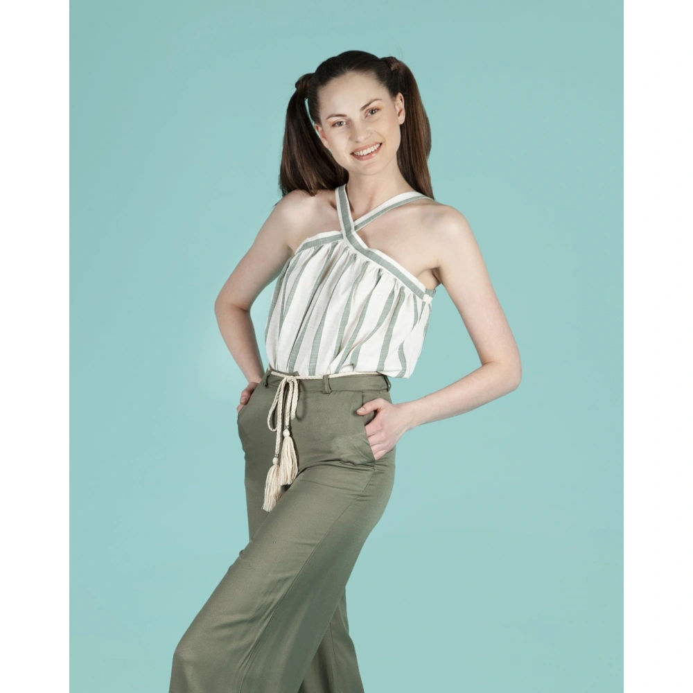 Aida Kadın Haki/Ekru Çizgili Askılı Bluz