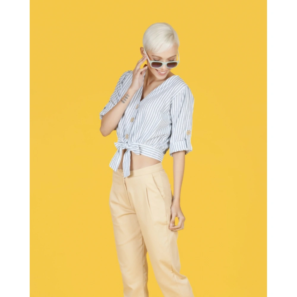 Ailsa Kadın Mavi/Beyaz Çizgili Belden Bağlamalı Gömlek