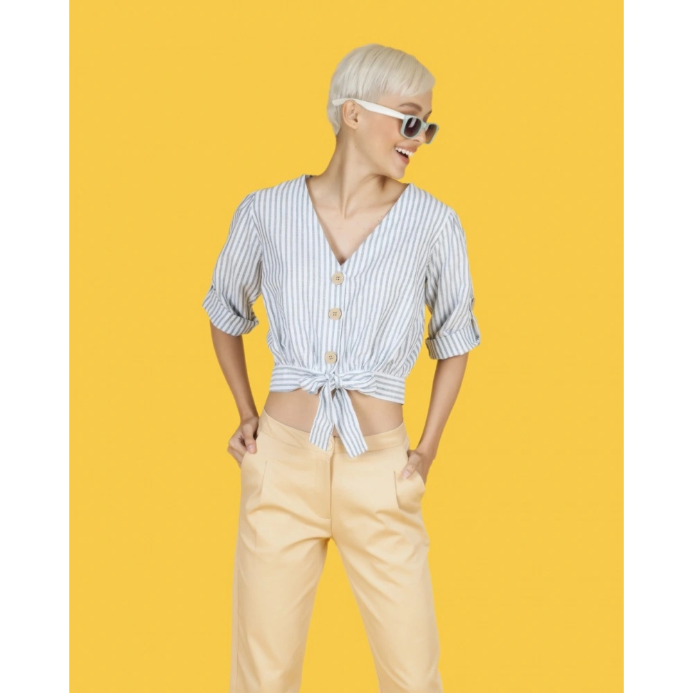 Ailsa Kadın Mavi/Beyaz Çizgili Belden Bağlamalı Gömlek