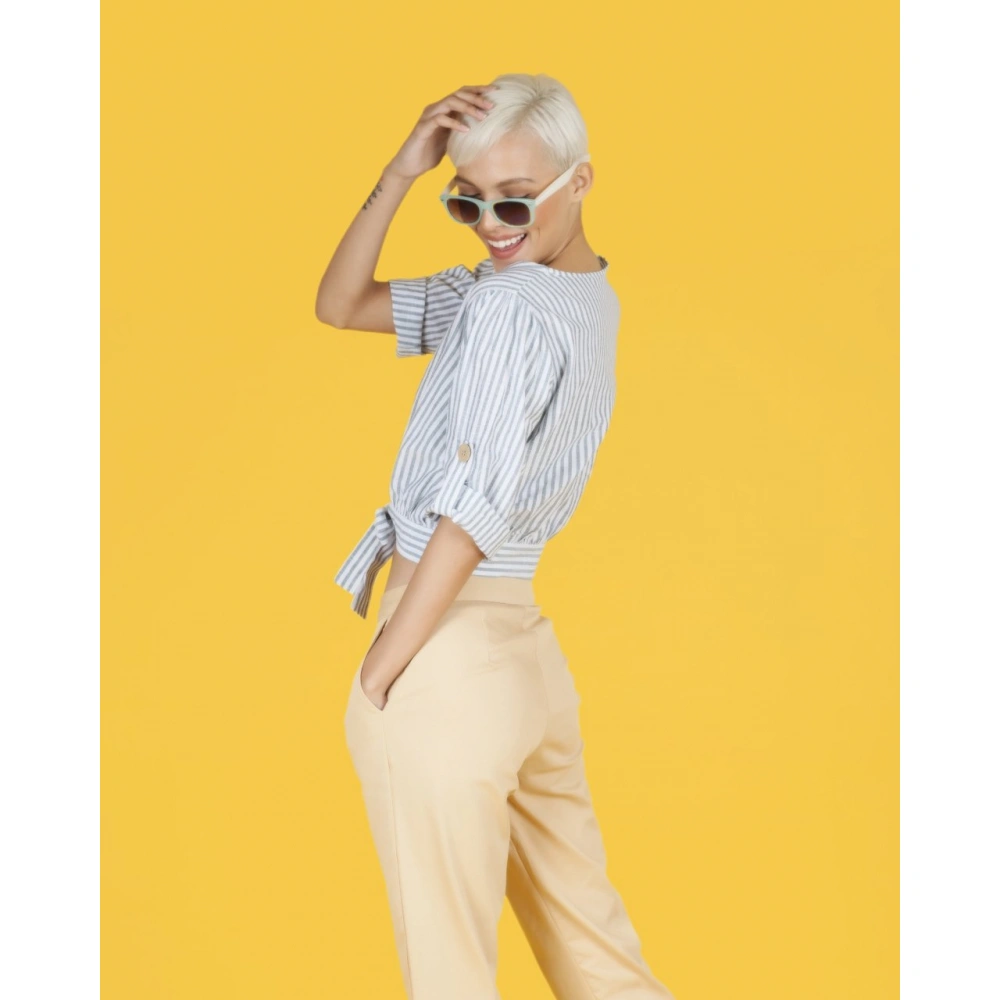 Ailsa Kadın Mavi/Beyaz Çizgili Belden Bağlamalı Gömlek