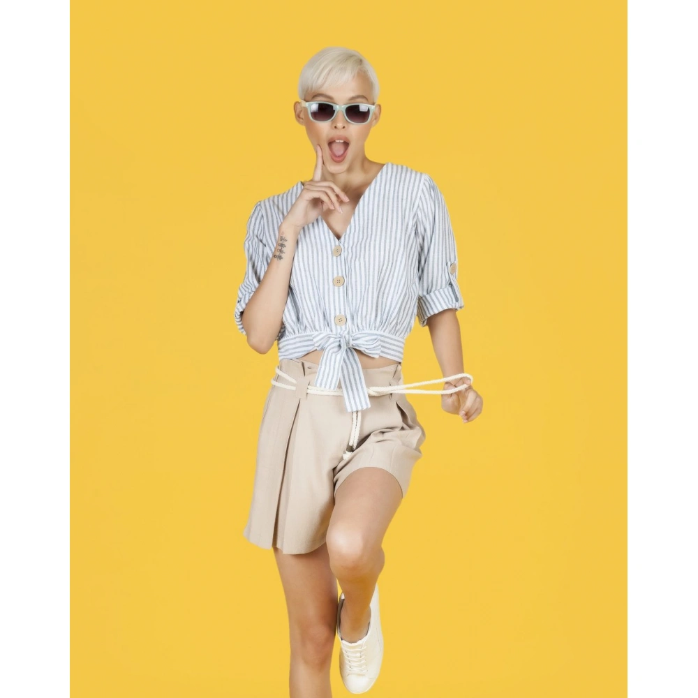 Ailsa Kadın Mavi/Beyaz Çizgili Belden Bağlamalı Gömlek