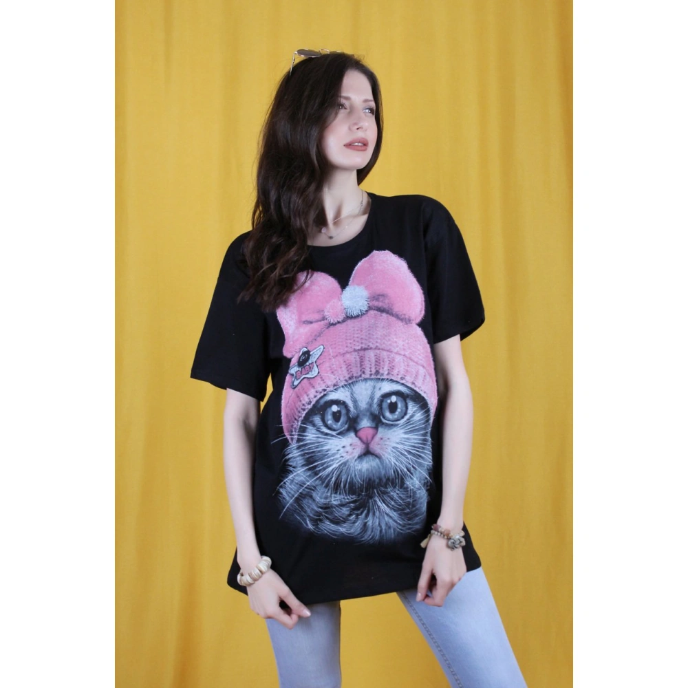 Bertha Kadın Siyah Kedi Baskılı T-shirt